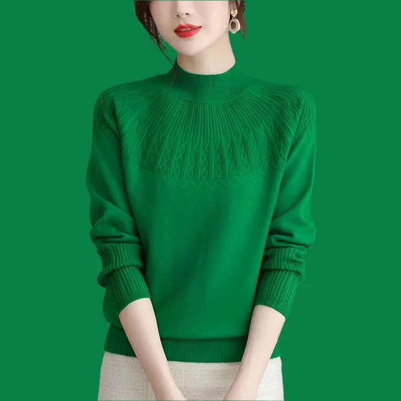 Women's Solid Half-High Collar Cashmere Sweater – Loose Knit Wool Casual Top