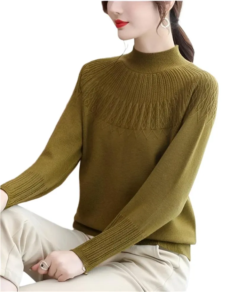 Women's Solid Half-High Collar Cashmere Sweater – Loose Knit Wool Casual Top