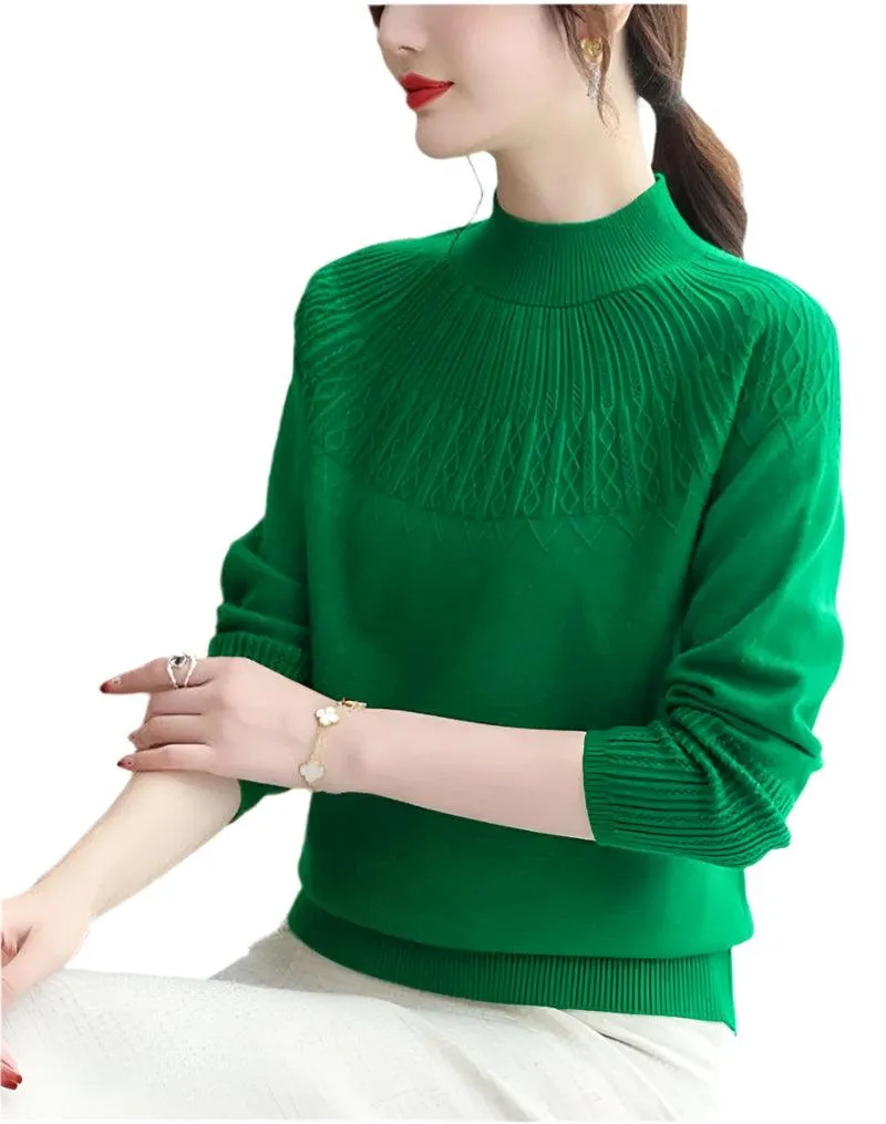 Women's Solid Half-High Collar Cashmere Sweater – Loose Knit Wool Casual Top