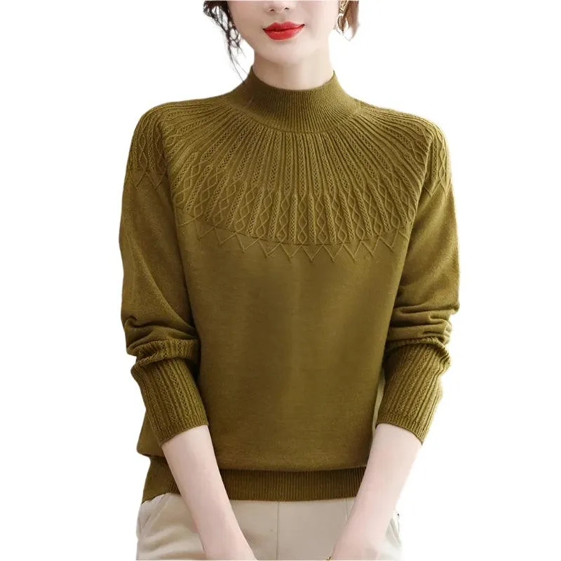 Women's Solid Half-High Collar Cashmere Sweater – Loose Knit Wool Casual Top