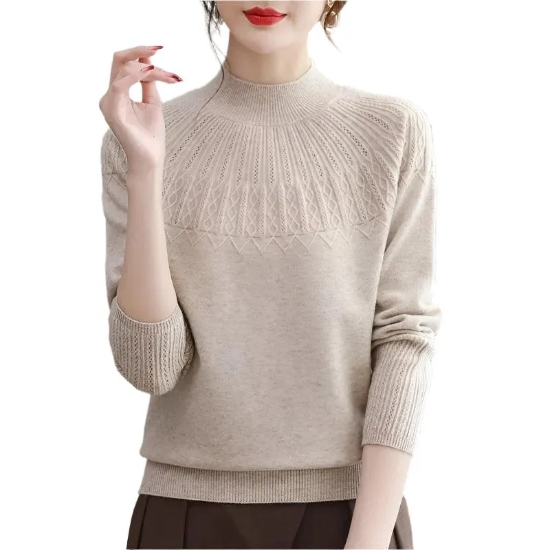 Women's Solid Half-High Collar Cashmere Sweater – Loose Knit Wool Casual Top
