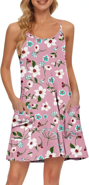 Women's Spaghetti Strap Dress Summer Floral Print Sleeveless Sundress Casual Vacation Beach Dresses with Pockets