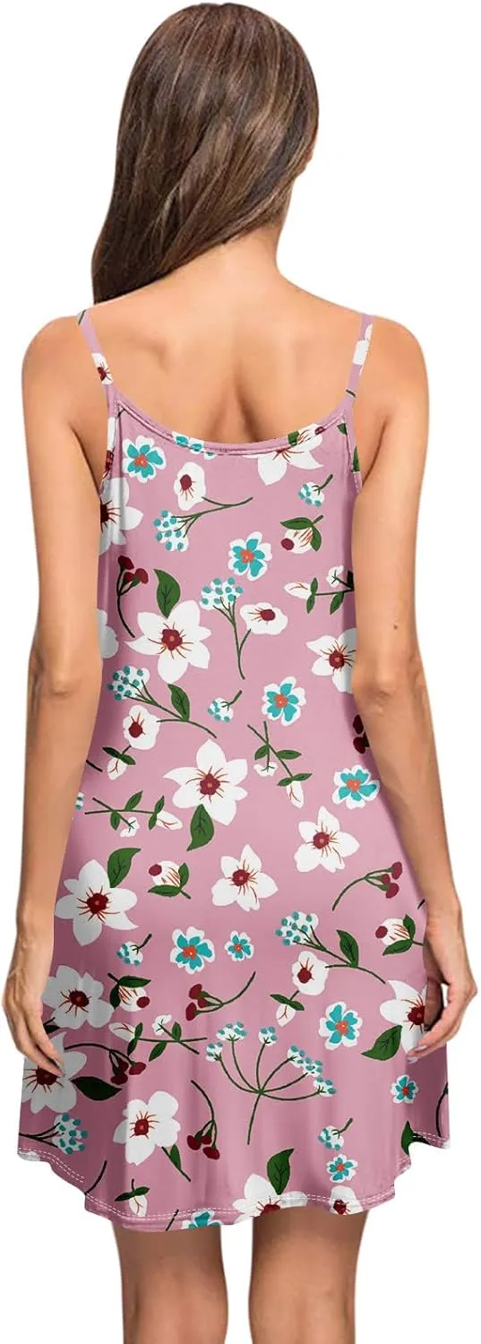 Women's Spaghetti Strap Dress Summer Floral Print Sleeveless Sundress Casual Vacation Beach Dresses with Pockets