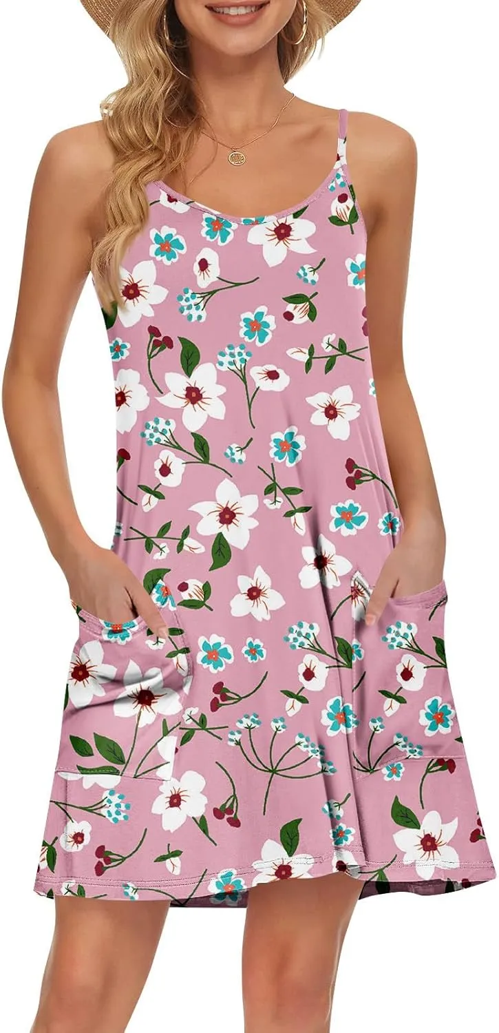 Women's Spaghetti Strap Dress Summer Floral Print Sleeveless Sundress Casual Vacation Beach Dresses with Pockets