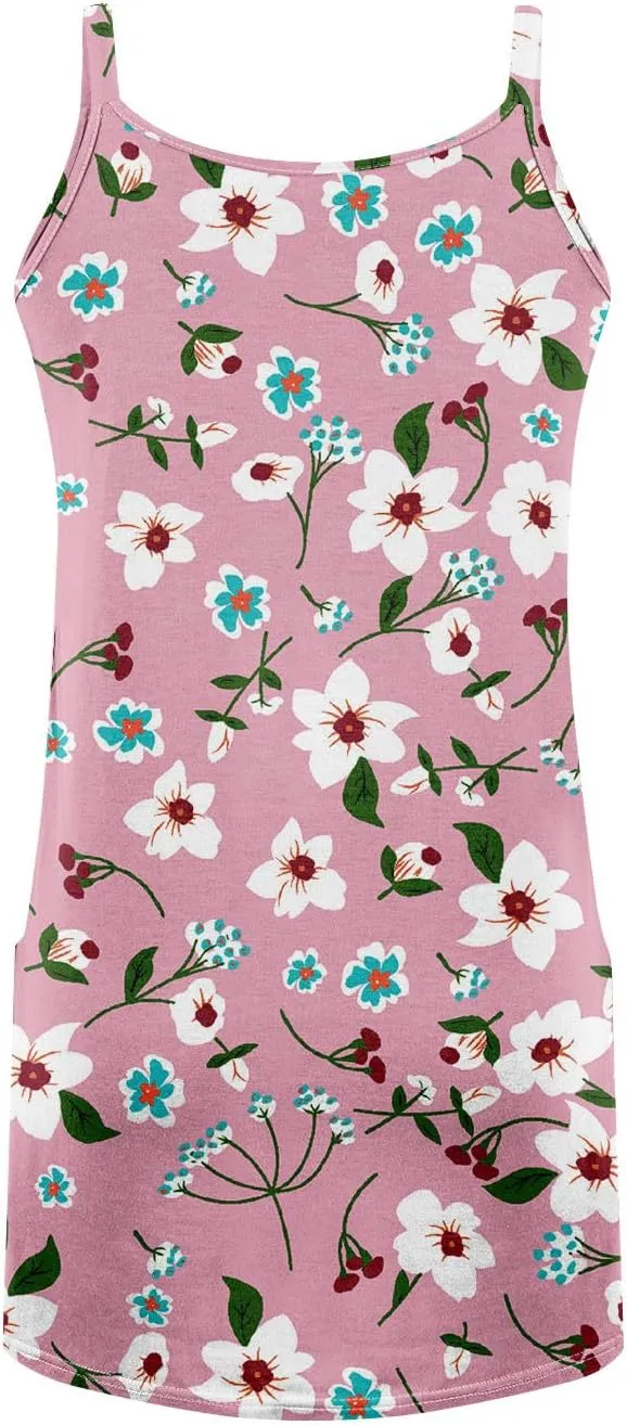 Women's Spaghetti Strap Dress Summer Floral Print Sleeveless Sundress Casual Vacation Beach Dresses with Pockets