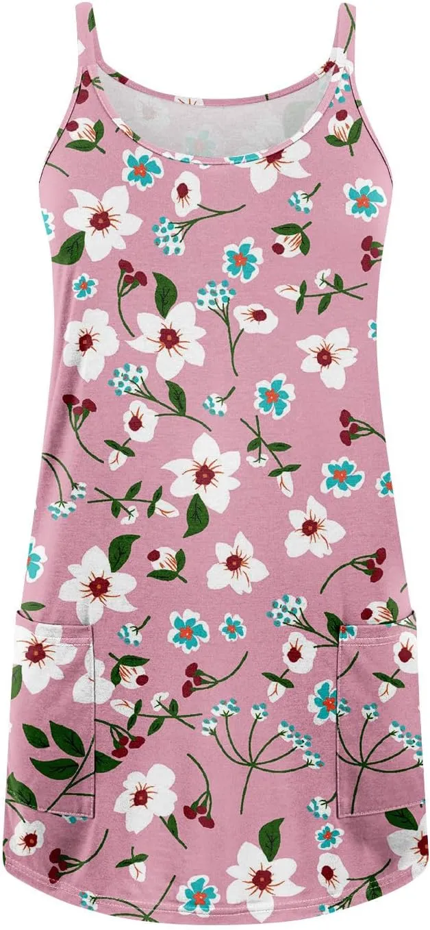 Women's Spaghetti Strap Dress Summer Floral Print Sleeveless Sundress Casual Vacation Beach Dresses with Pockets