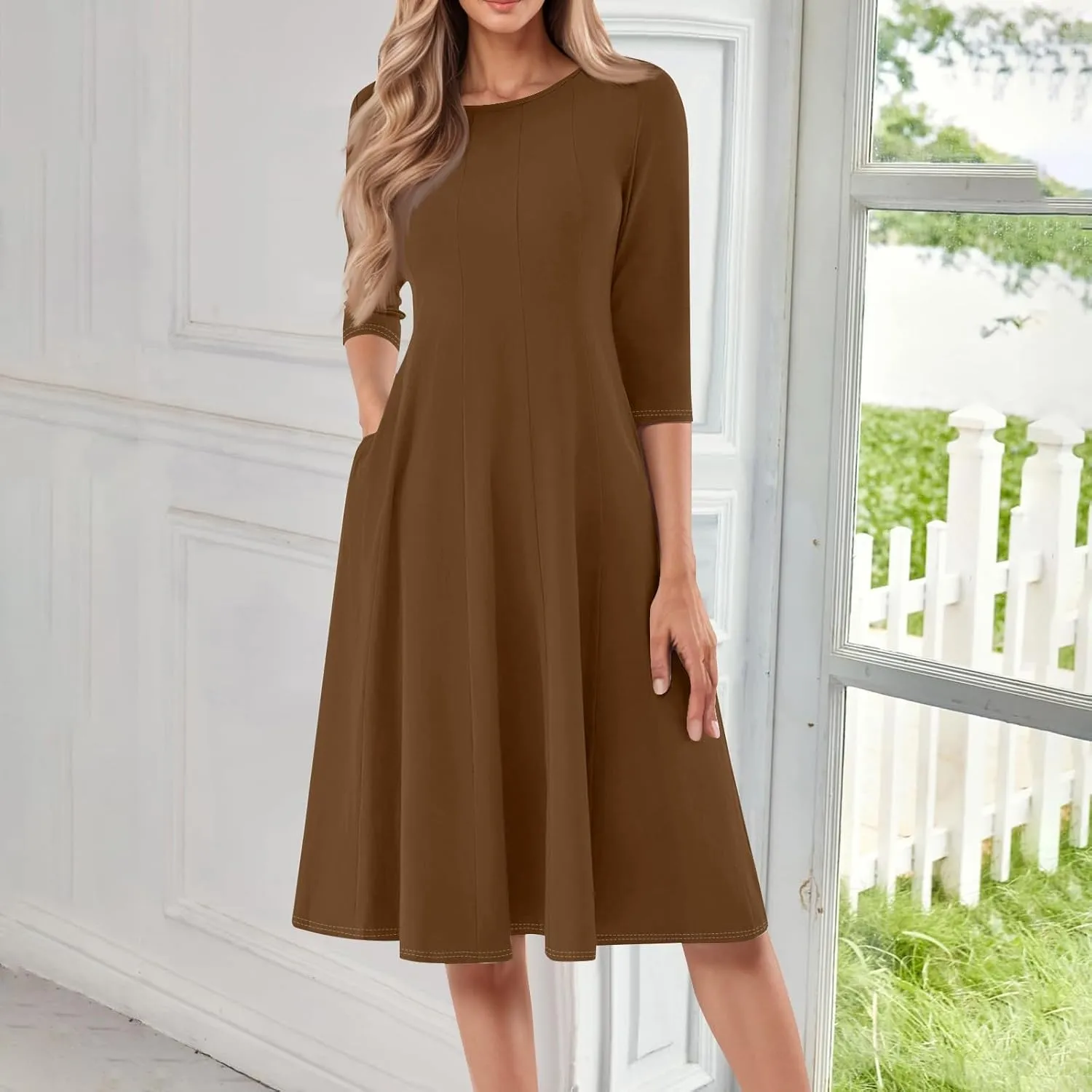 Womens Spring Dresses Crew Neck 3/4 Sleeve Beach Dress Solid Plain A Line Dress Summer Midi Flowy Dresses with Pocket