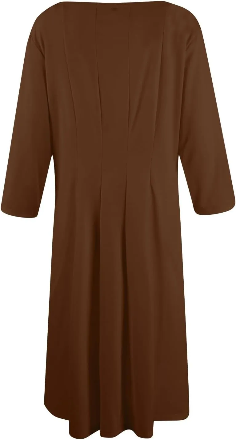 Womens Spring Dresses Crew Neck 3/4 Sleeve Beach Dress Solid Plain A Line Dress Summer Midi Flowy Dresses with Pocket
