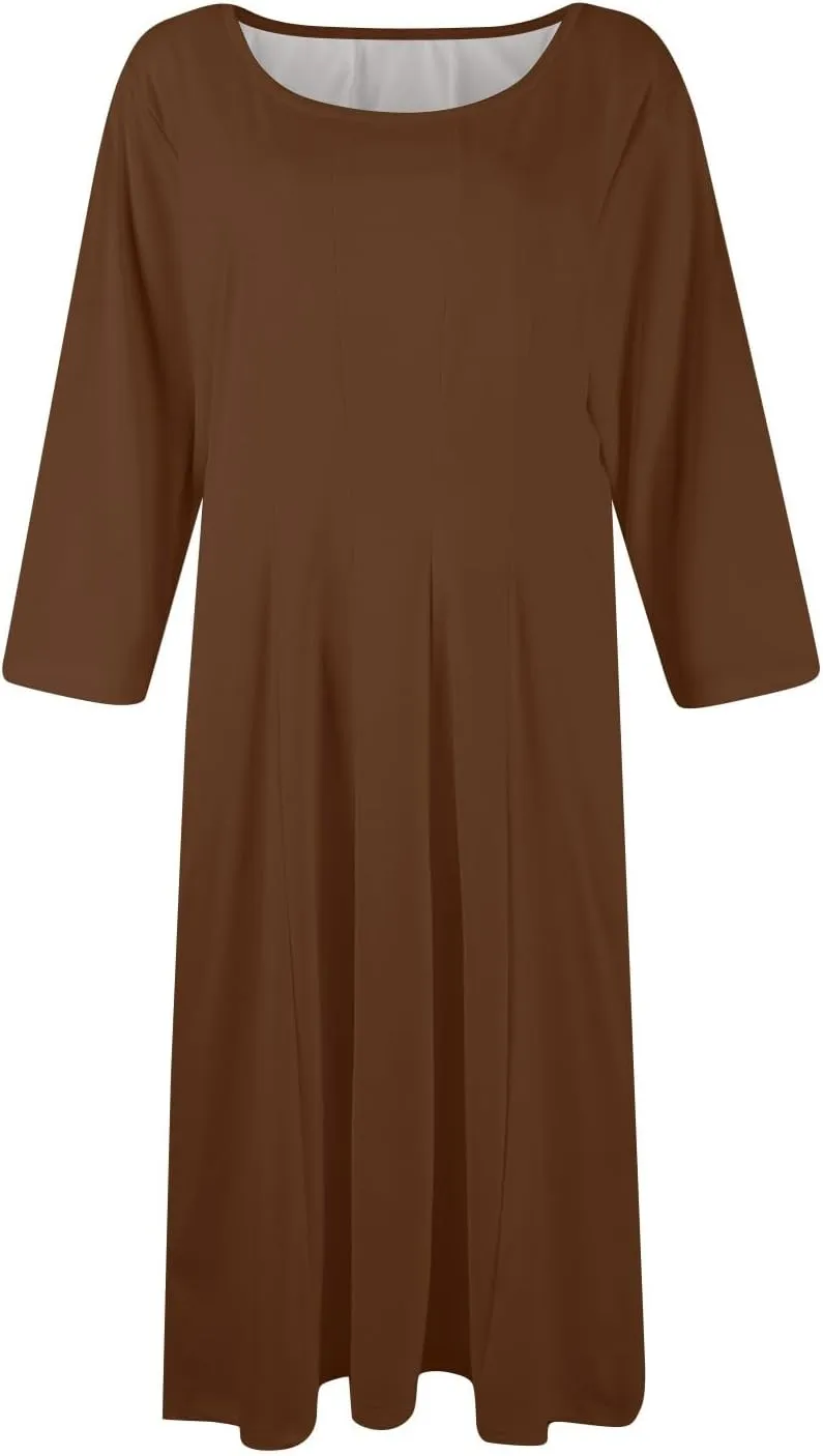 Womens Spring Dresses Crew Neck 3/4 Sleeve Beach Dress Solid Plain A Line Dress Summer Midi Flowy Dresses with Pocket