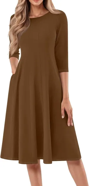 Womens Spring Dresses Crew Neck 3/4 Sleeve Beach Dress Solid Plain A Line Dress Summer Midi Flowy Dresses with Pocket