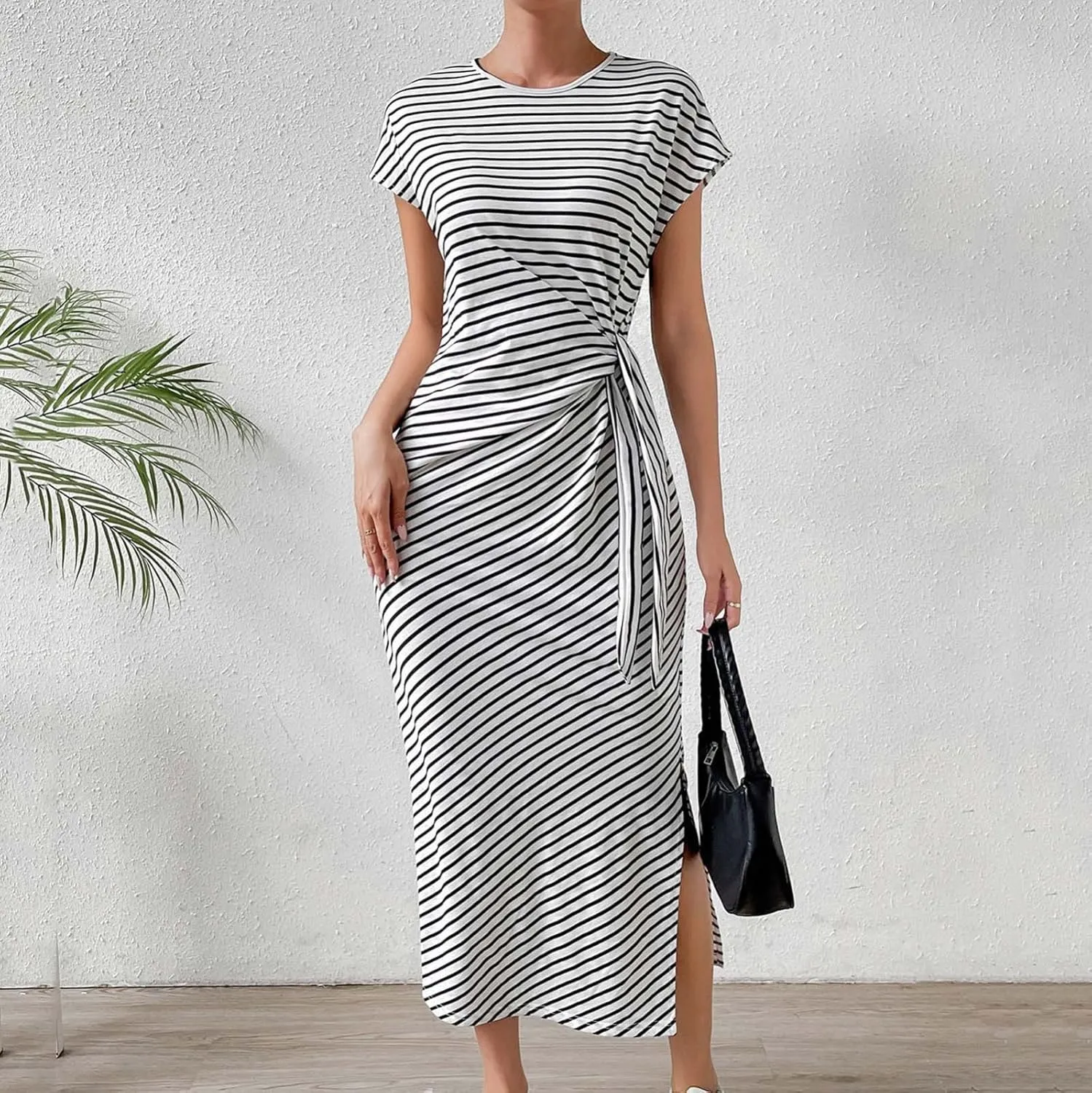 Women's Striped Round Neck Midi Dress Casual Fashion Color Block Short Sleeve Side Tie Knot Split Long Travel Dresses