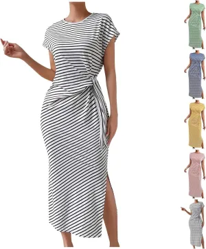 Women's Striped Round Neck Midi Dress Casual Fashion Color Block Short Sleeve Side Tie Knot Split Long Travel Dresses