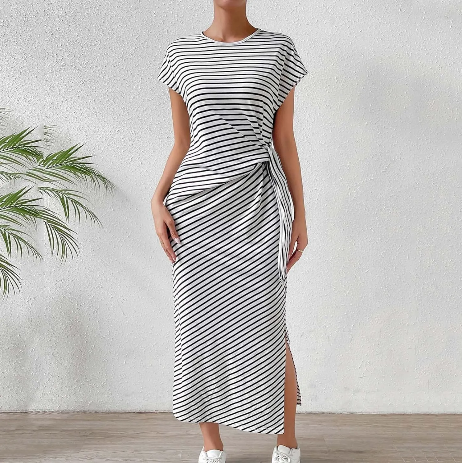 Women's Striped Round Neck Midi Dress Casual Fashion Color Block Short Sleeve Side Tie Knot Split Long Travel Dresses