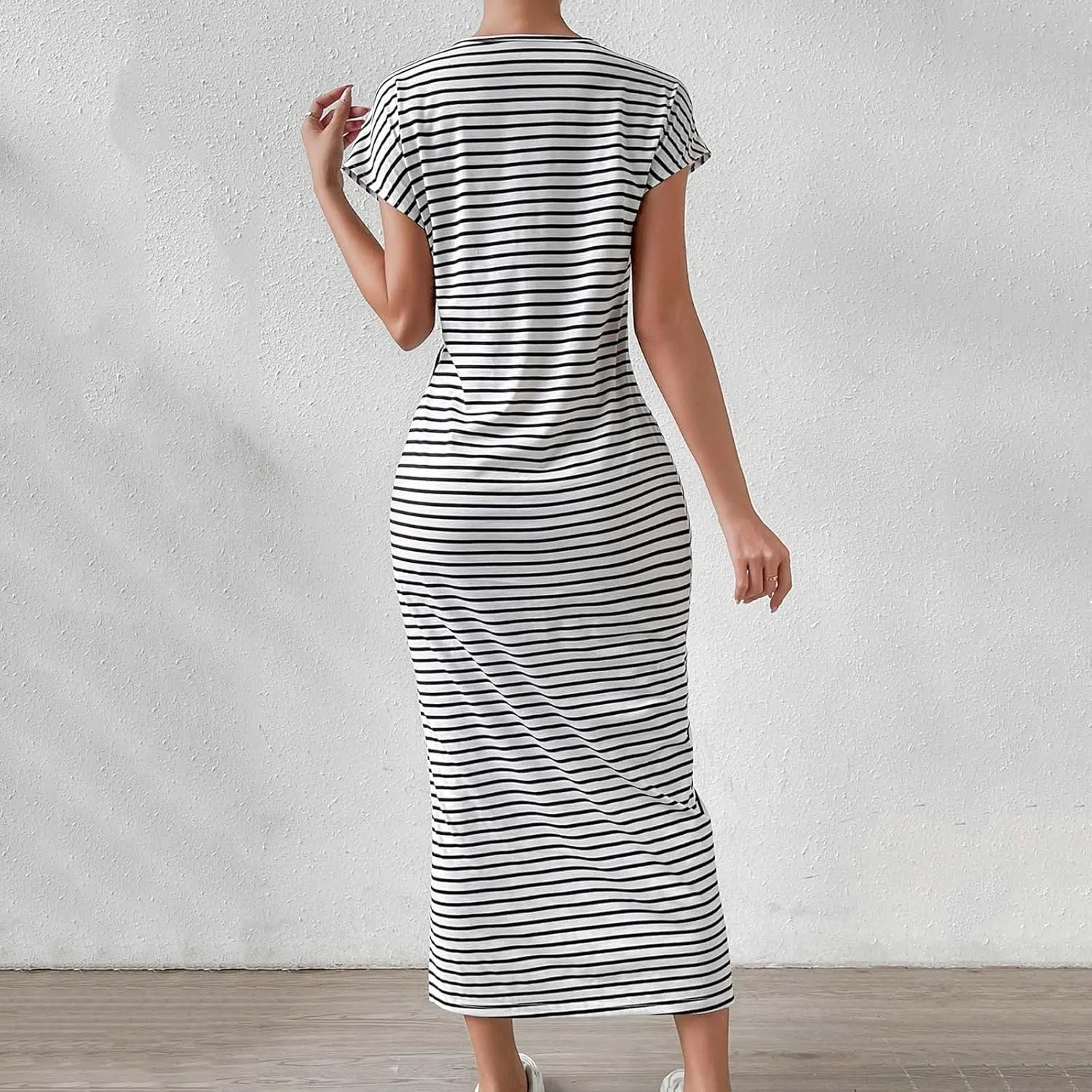 Women's Striped Round Neck Midi Dress Casual Fashion Color Block Short Sleeve Side Tie Knot Split Long Travel Dresses