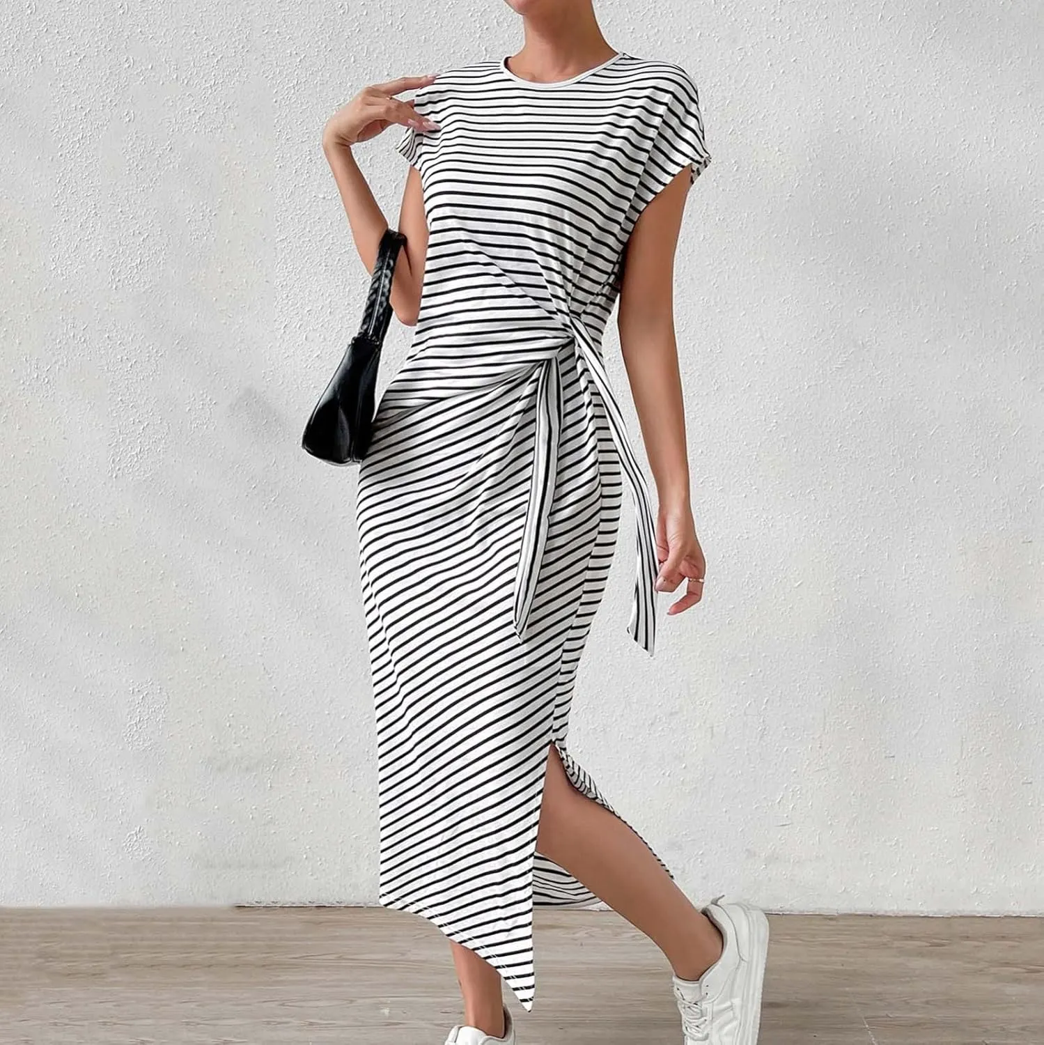 Women's Striped Round Neck Midi Dress Casual Fashion Color Block Short Sleeve Side Tie Knot Split Long Travel Dresses