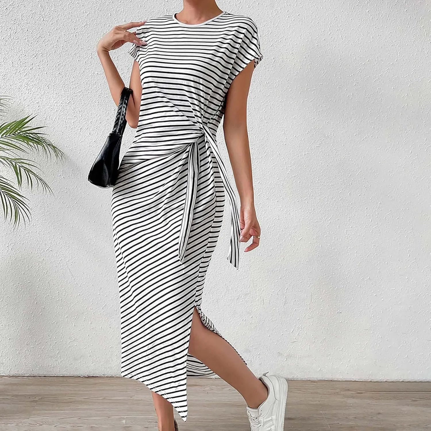 Women's Striped Round Neck Midi Dress Casual Fashion Color Block Short Sleeve Side Tie Knot Split Long Travel Dresses