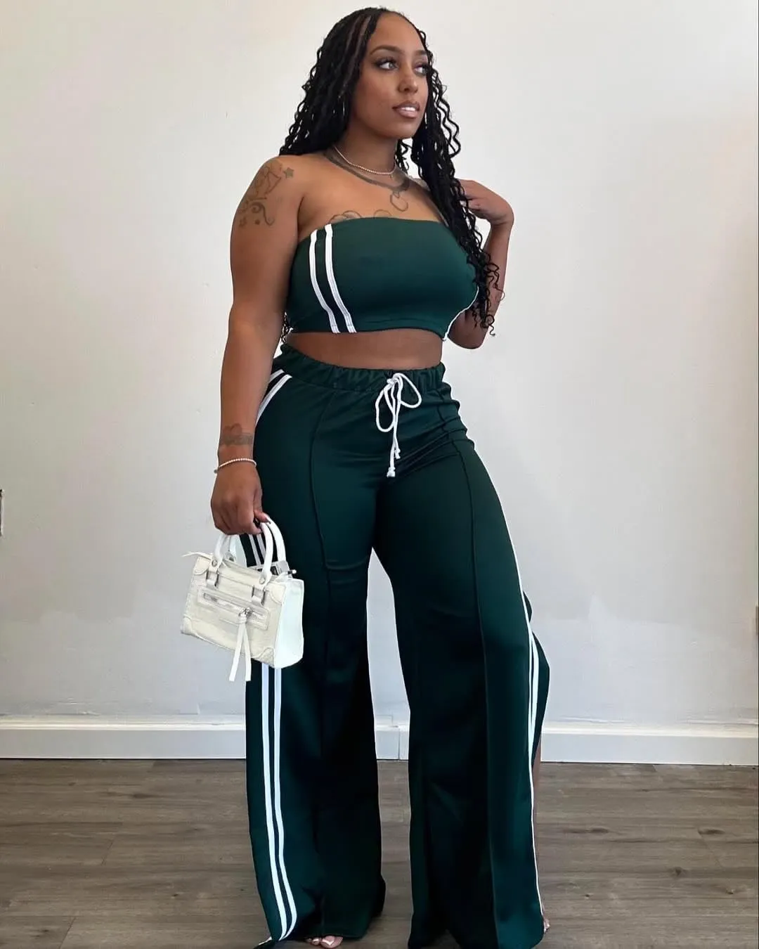 Women's Summer 2 Piece Outfits Strapless Striped Crop Tops & Wide Leg Pants Sets Sexy Two Piece Sets