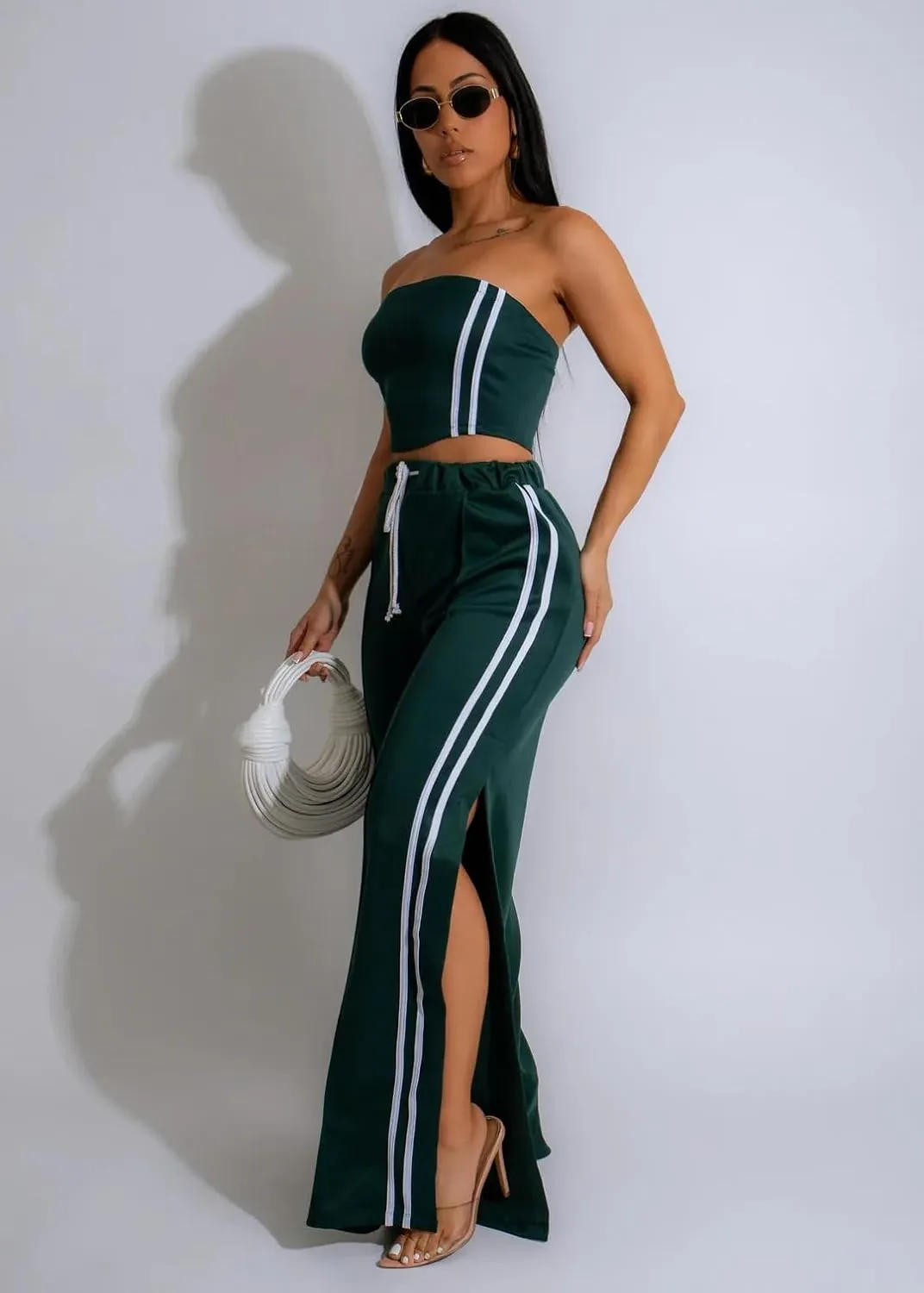 Women's Summer 2 Piece Outfits Strapless Striped Crop Tops & Wide Leg Pants Sets Sexy Two Piece Sets