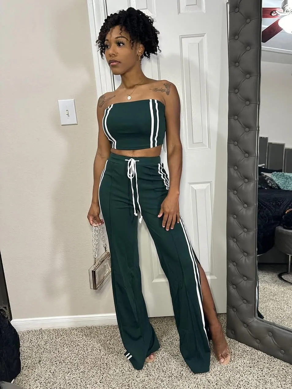 Women's Summer 2 Piece Outfits Strapless Striped Crop Tops & Wide Leg Pants Sets Sexy Two Piece Sets