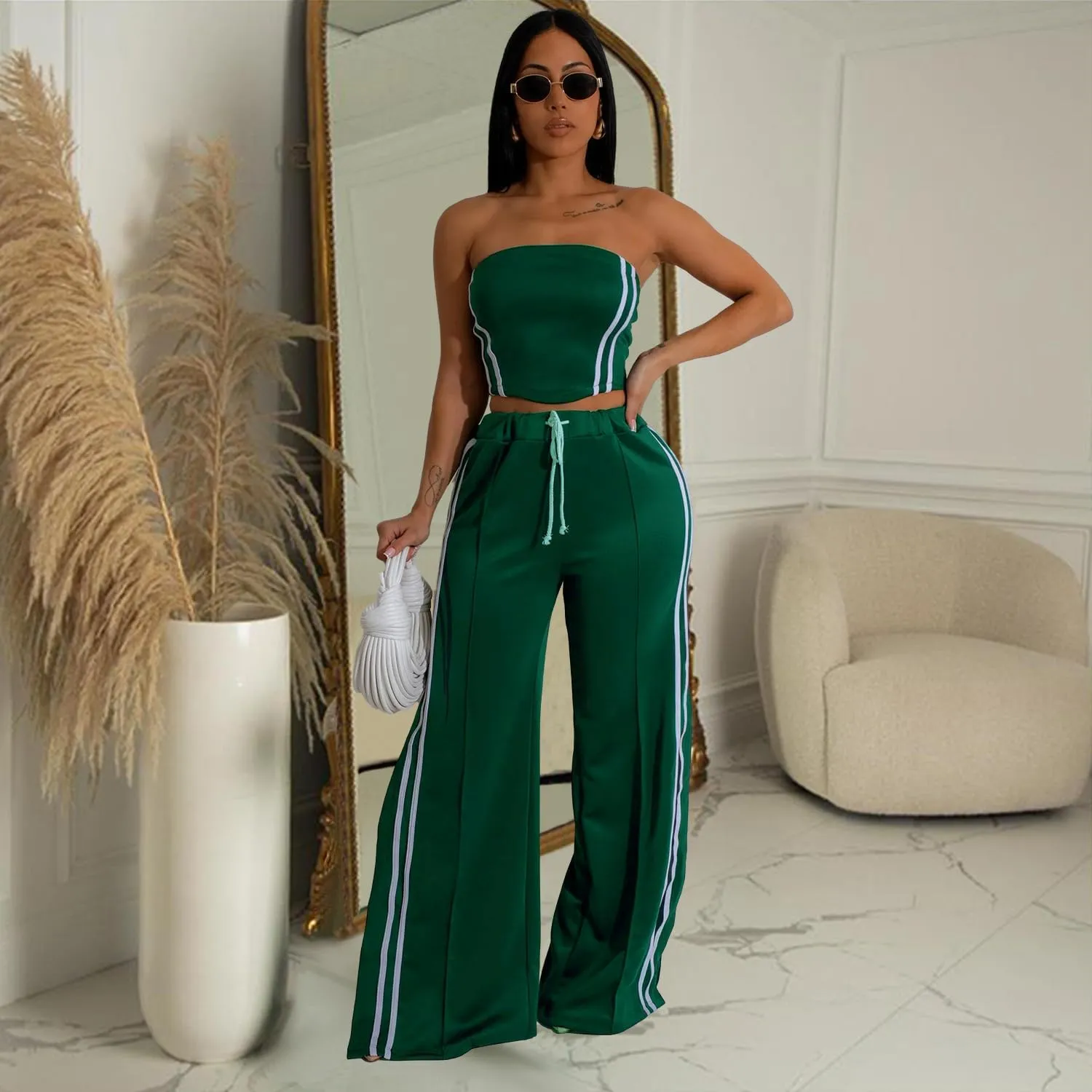 Women's Summer 2 Piece Outfits Strapless Striped Crop Tops & Wide Leg Pants Sets Sexy Two Piece Sets