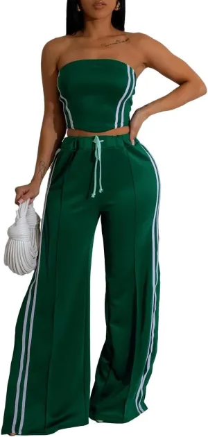 Women's Summer 2 Piece Outfits Strapless Striped Crop Tops & Wide Leg Pants Sets Sexy Two Piece Sets