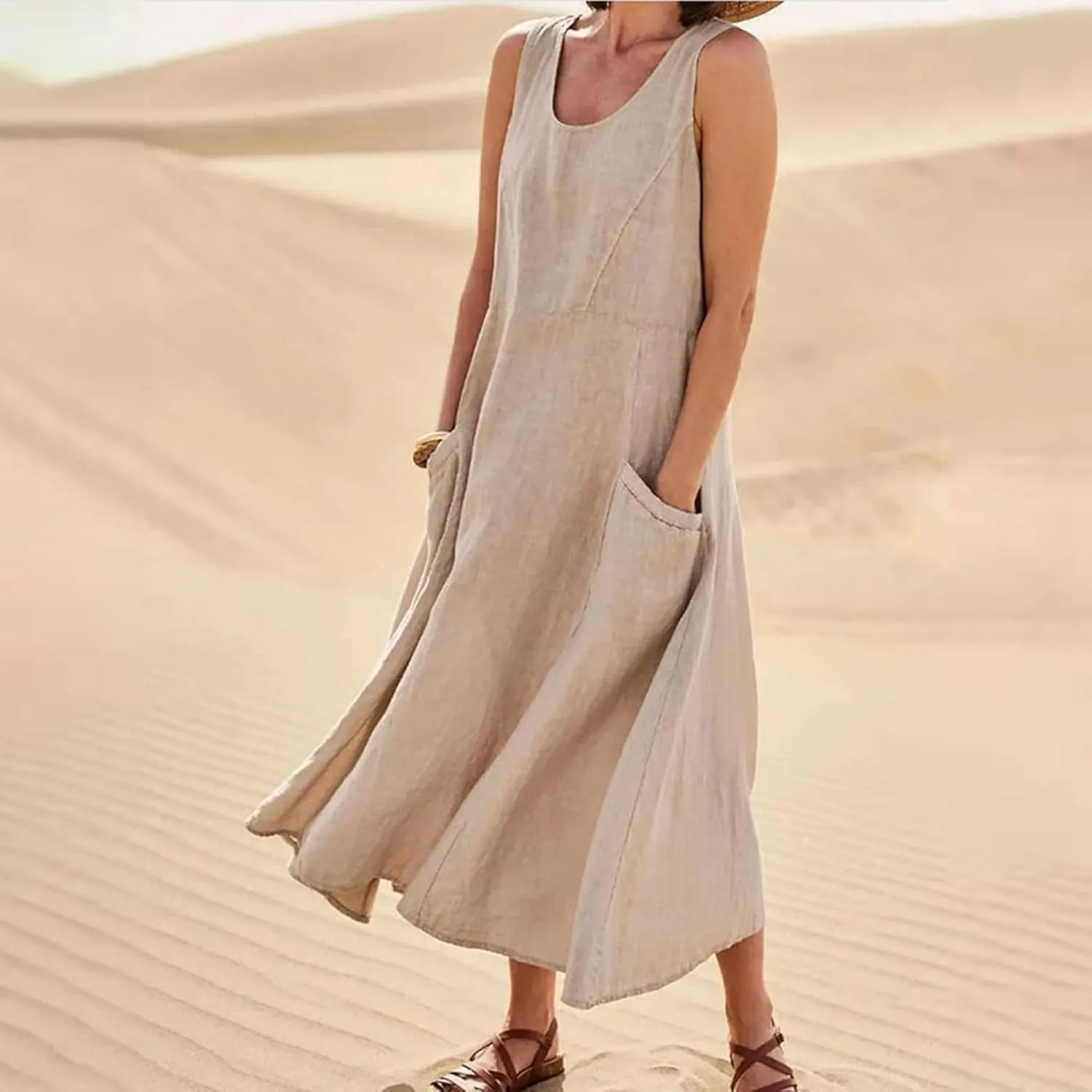 Women's Summer 2022 Casual Fashion Solid Cotton and Short Sleeve Medium Long Dress