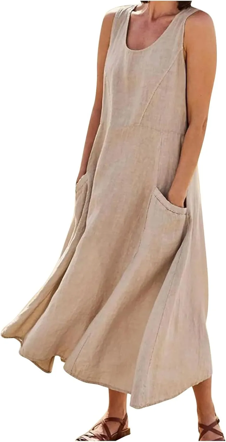 Women's Summer 2022 Casual Fashion Solid Cotton and Short Sleeve Medium Long Dress