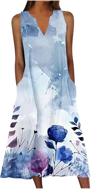 Women's Summer Boho Print Button Dress Casual V Neck Sleeveless Dresses Holiday Beach Party Midi Dress with Pocket