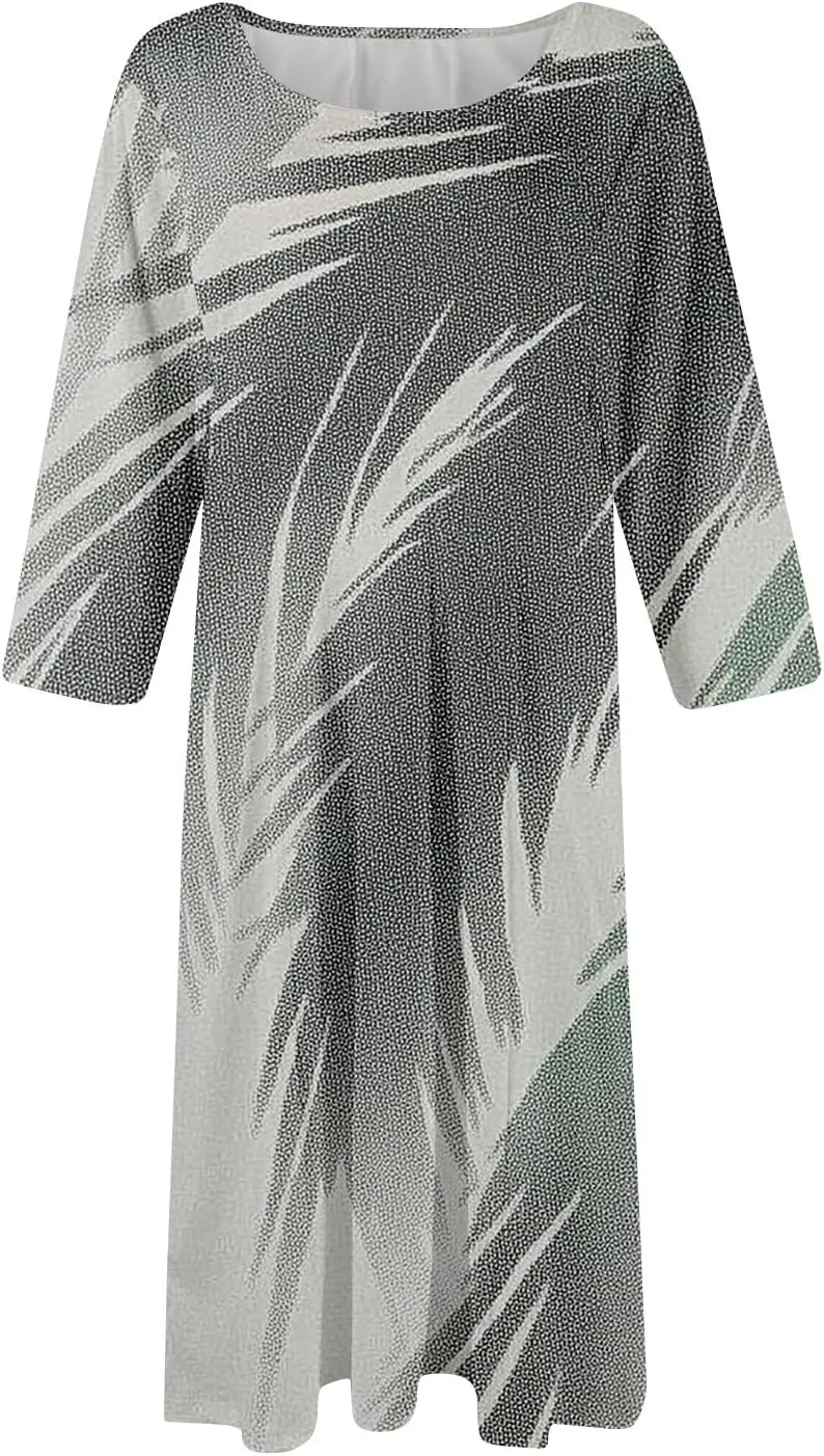 Womens Summer Dresses Beach Round Neck 3/4 Sleeve Midi Dresses A Line Dress Spring Floral Flowy Dress with Pocket
