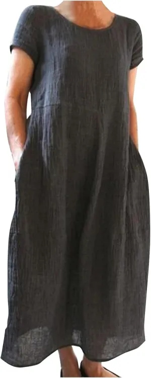 Womens Summer Midi Dresses Casual Short Sleeve A-Line Cotton Linen Dress Flowly Beach Tunic Sundresses with Pockets
