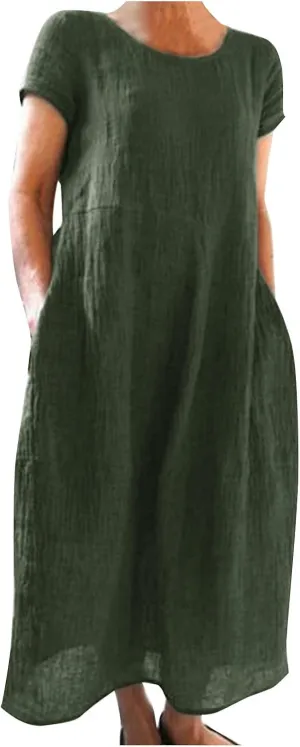 Womens Summer Midi Dresses Casual Short Sleeve A-Line Cotton Linen Dress Flowly Beach Tunic Sundresses with Pockets