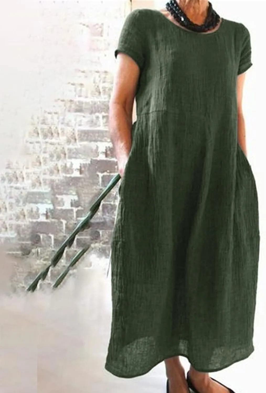 Womens Summer Midi Dresses Casual Short Sleeve A-Line Cotton Linen Dress Flowly Beach Tunic Sundresses with Pockets