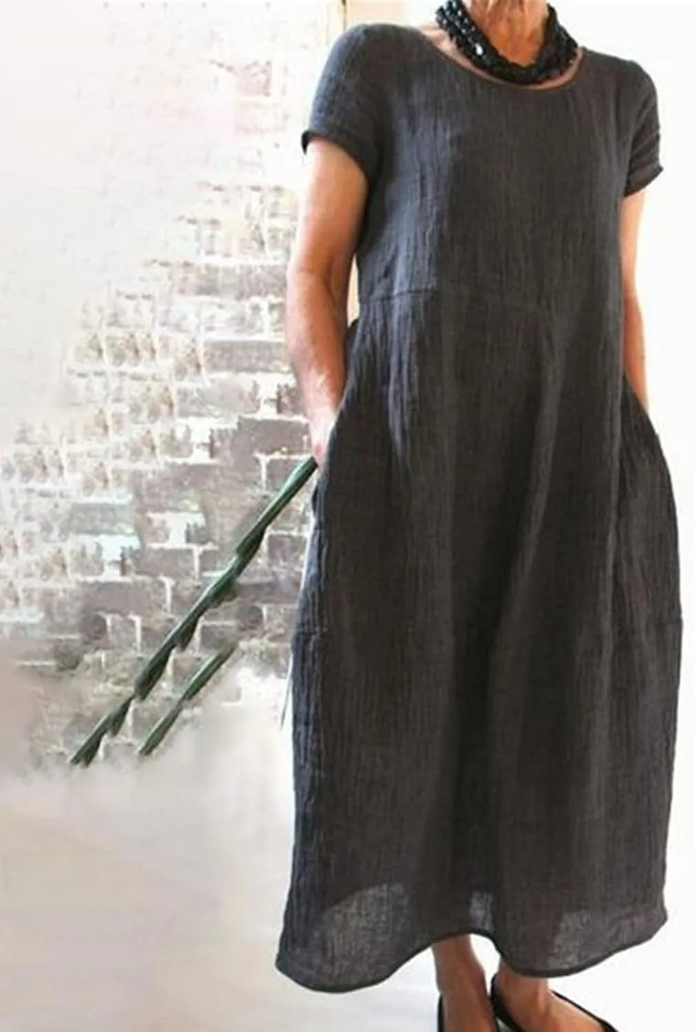 Womens Summer Midi Dresses Casual Short Sleeve A-Line Cotton Linen Dress Flowly Beach Tunic Sundresses with Pockets