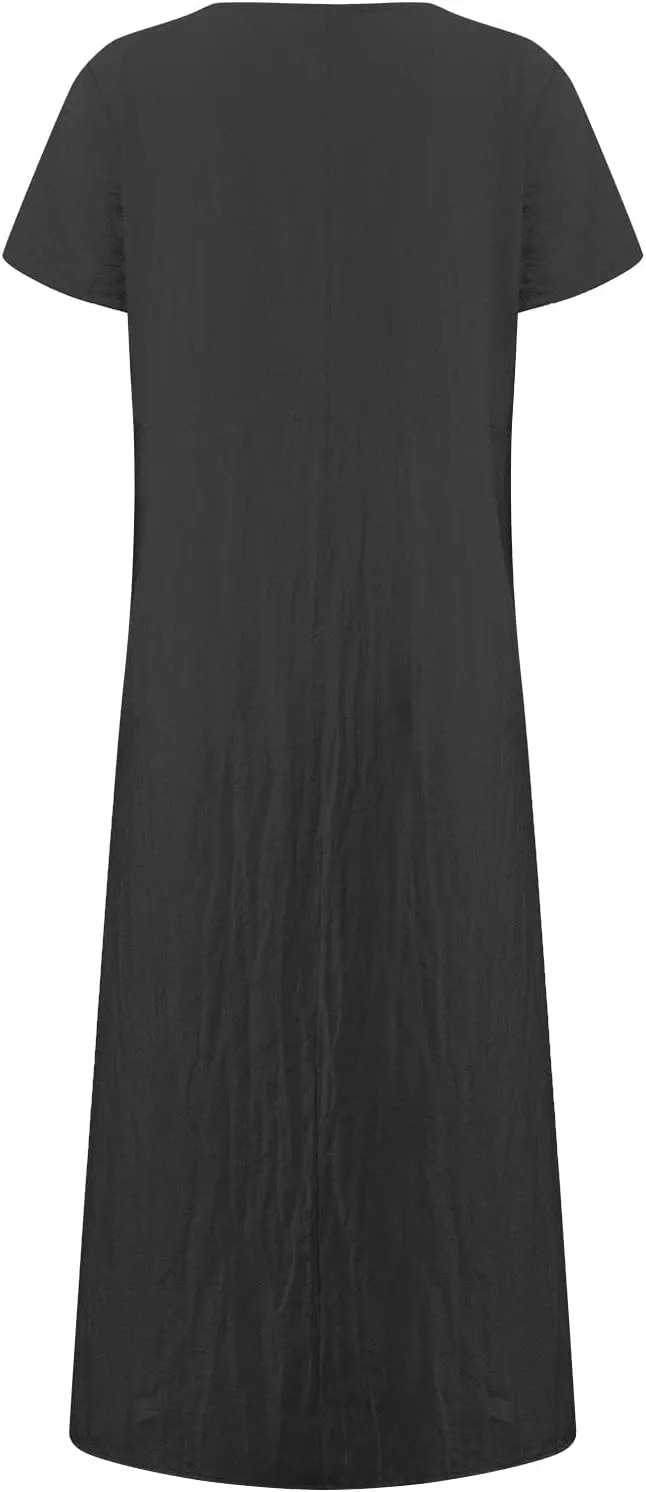 Womens Summer Midi Dresses Casual Short Sleeve A-Line Cotton Linen Dress Flowly Beach Tunic Sundresses with Pockets