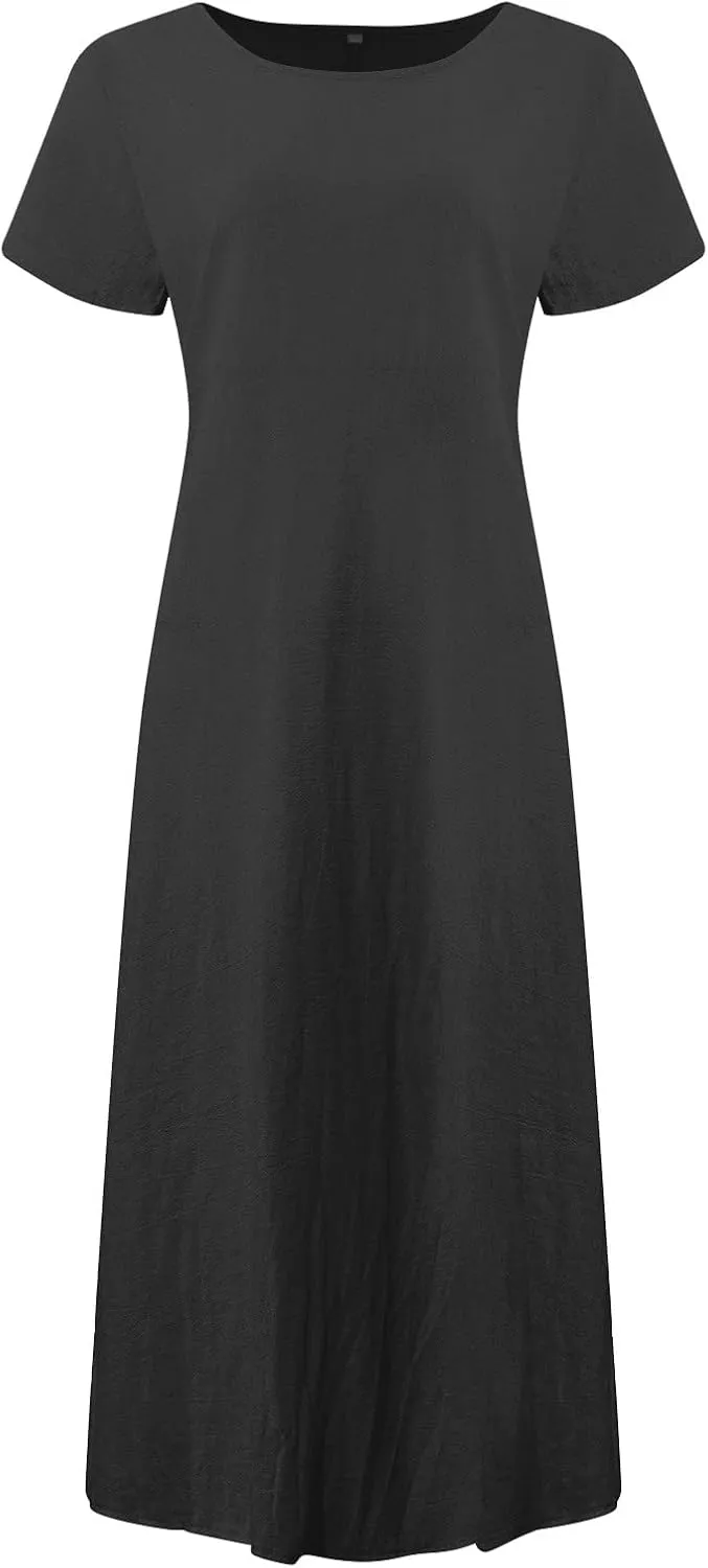 Womens Summer Midi Dresses Casual Short Sleeve A-Line Cotton Linen Dress Flowly Beach Tunic Sundresses with Pockets