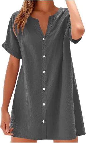 Women's Summer Short Dresses Trendy Button Down Plus Size V Neck Boho Sundress Spring Mini Dress 2025