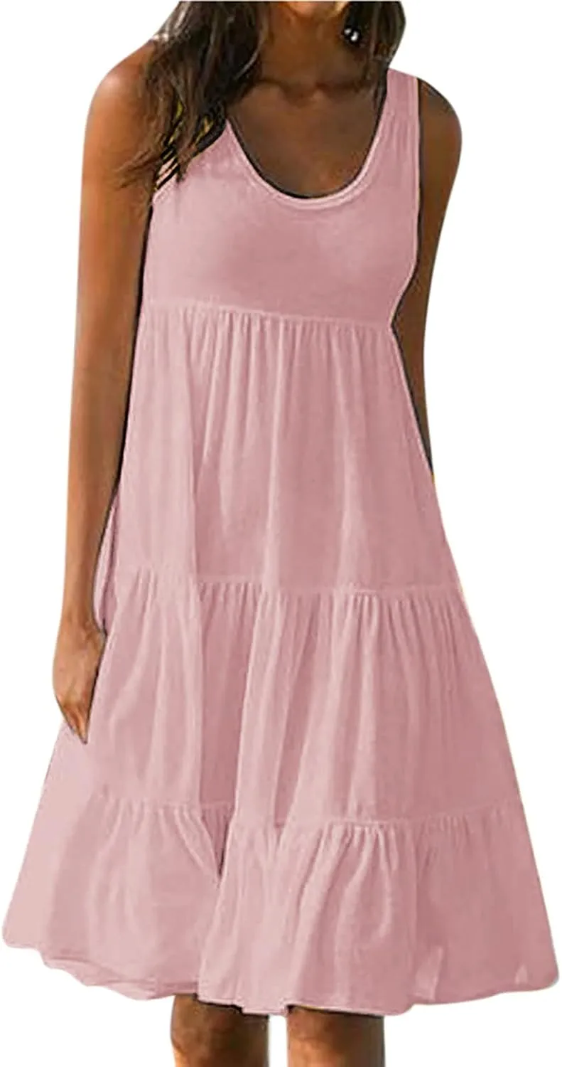Women's Summer Sun Dresses Tiered Ruffle Sundress Scoop Neck Sleeveless Tank Dress Sexy Casual Flowy Beach