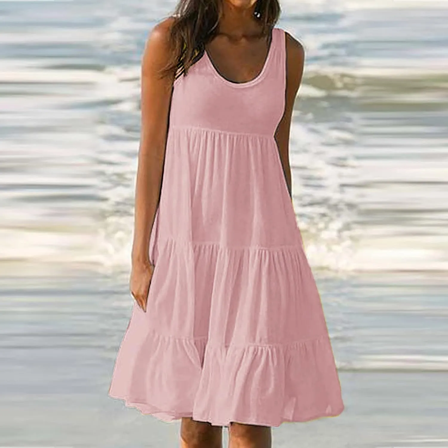 Women's Summer Sun Dresses Tiered Ruffle Sundress Scoop Neck Sleeveless Tank Dress Sexy Casual Flowy Beach