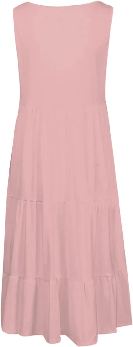 Women's Summer Sun Dresses Tiered Ruffle Sundress Scoop Neck Sleeveless Tank Dress Sexy Casual Flowy Beach