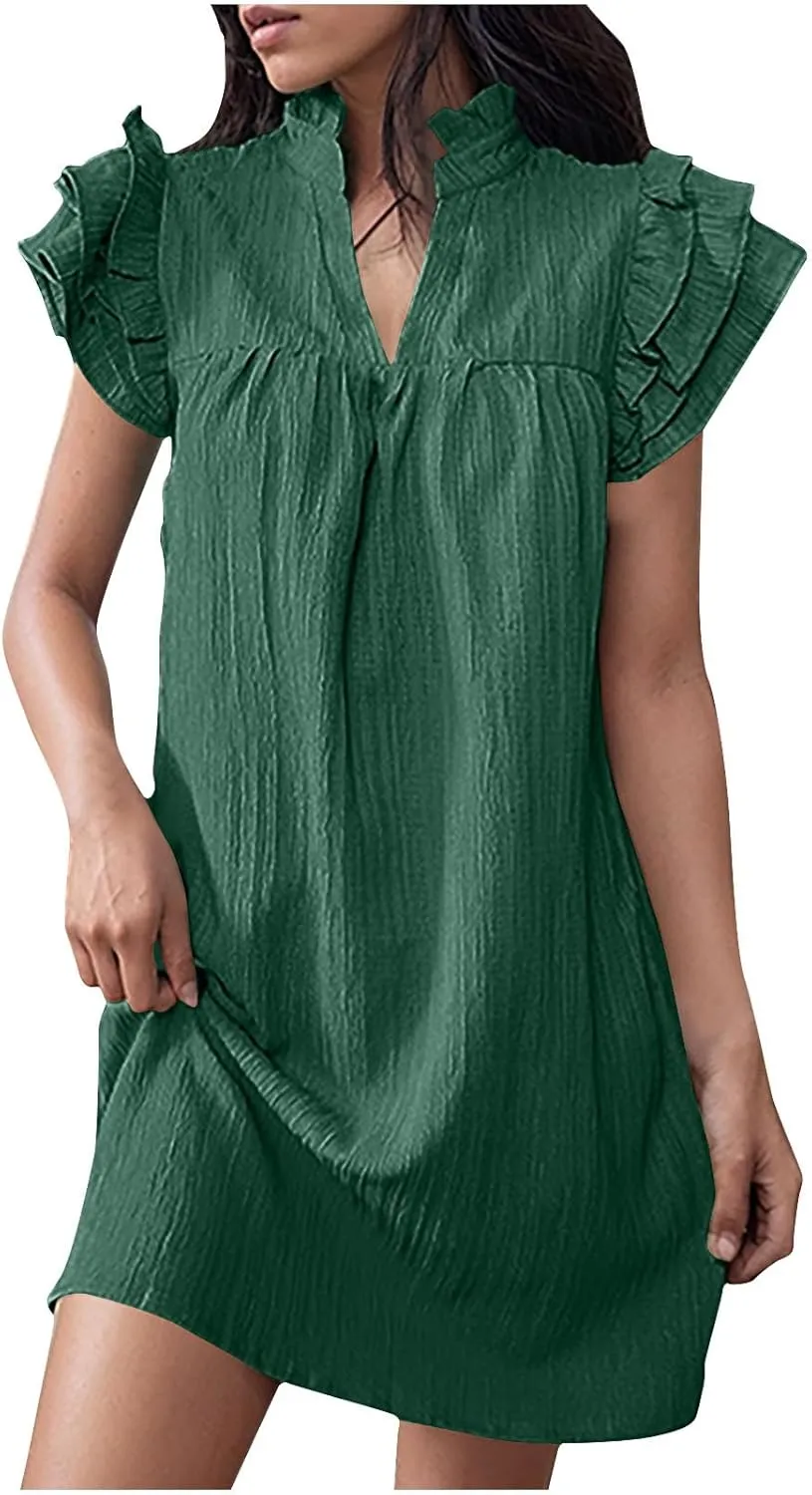 Womens Summer V-Neck Dress Ruffle Cap Short Sleeve Sundress Loose Mini T-Shirt Dresses Cotton Linen Tunic