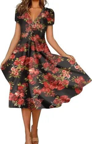 Womens Summer Wrap Maxi Dress Boho Floral V Neck Short Sleeve Long Dress Cute Ruffle Hem High Waist A-Line Dress