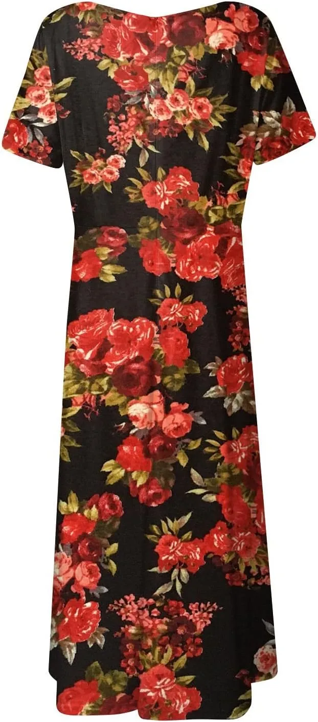Womens Summer Wrap Maxi Dress Boho Floral V Neck Short Sleeve Long Dress Cute Ruffle Hem High Waist A-Line Dress