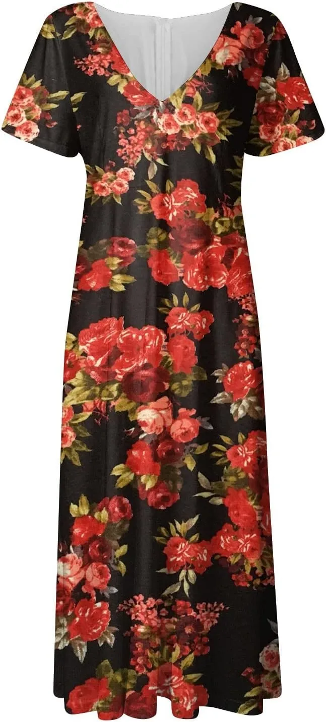 Womens Summer Wrap Maxi Dress Boho Floral V Neck Short Sleeve Long Dress Cute Ruffle Hem High Waist A-Line Dress