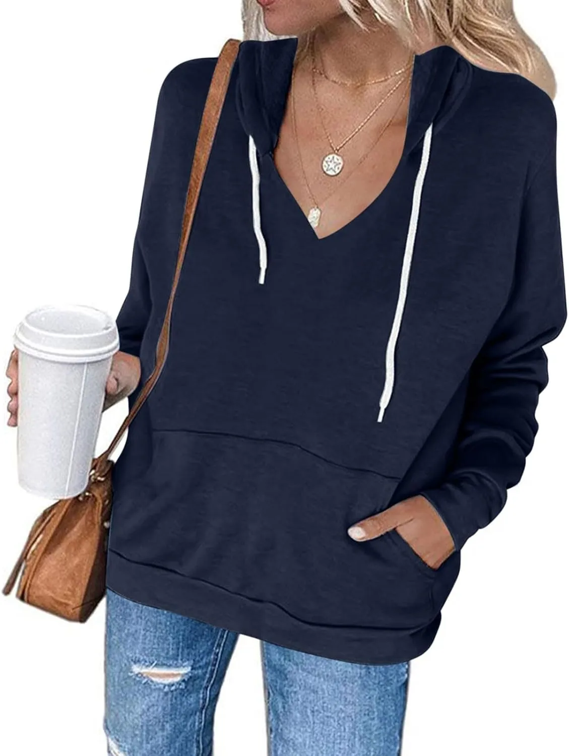 Womens V Neck Hoodie Tops 2025 Fall Casual Long Sleeve Pullover Solid Color Oversized Sweatshirt with Pocket