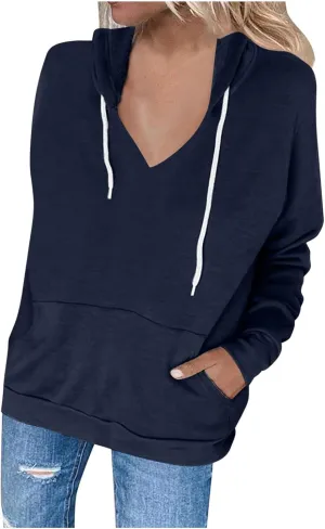 Womens V Neck Hoodie Tops 2025 Fall Casual Long Sleeve Pullover Solid Color Oversized Sweatshirt with Pocket