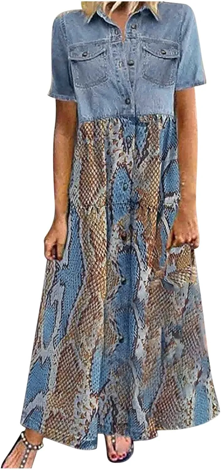 Women's Vintage Short Sleeve Blue Jean Shirt Dress Button Up Denim Dress Summer Jean Shirt Dress Flowy Fall Long Dress
