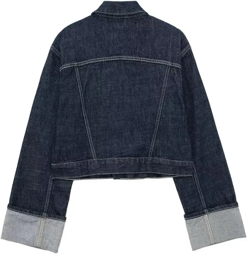 Women's Vintage Solid Denim Long Sleeve Single Breasted Lapel Jacket   High Waisted Wide Leg Jeans Set