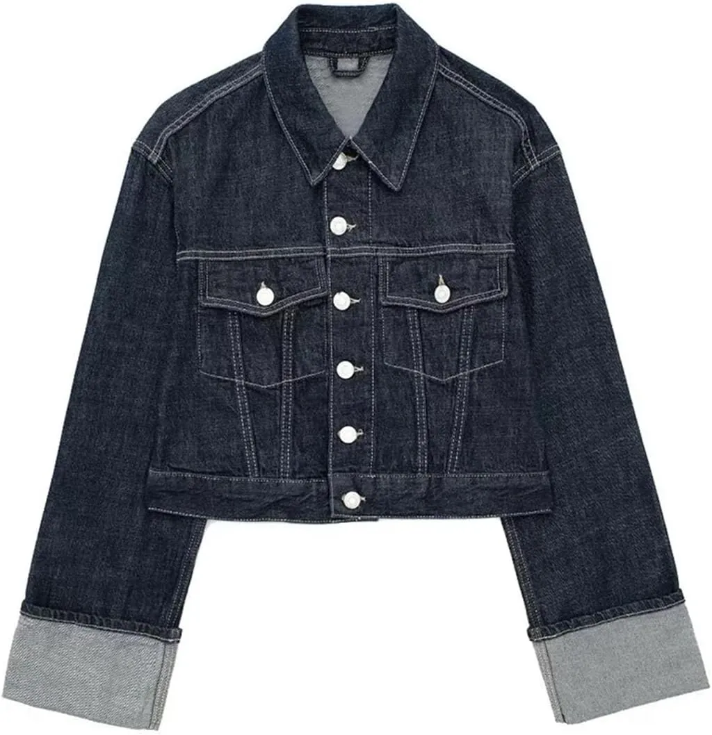 Women's Vintage Solid Denim Long Sleeve Single Breasted Lapel Jacket   High Waisted Wide Leg Jeans Set