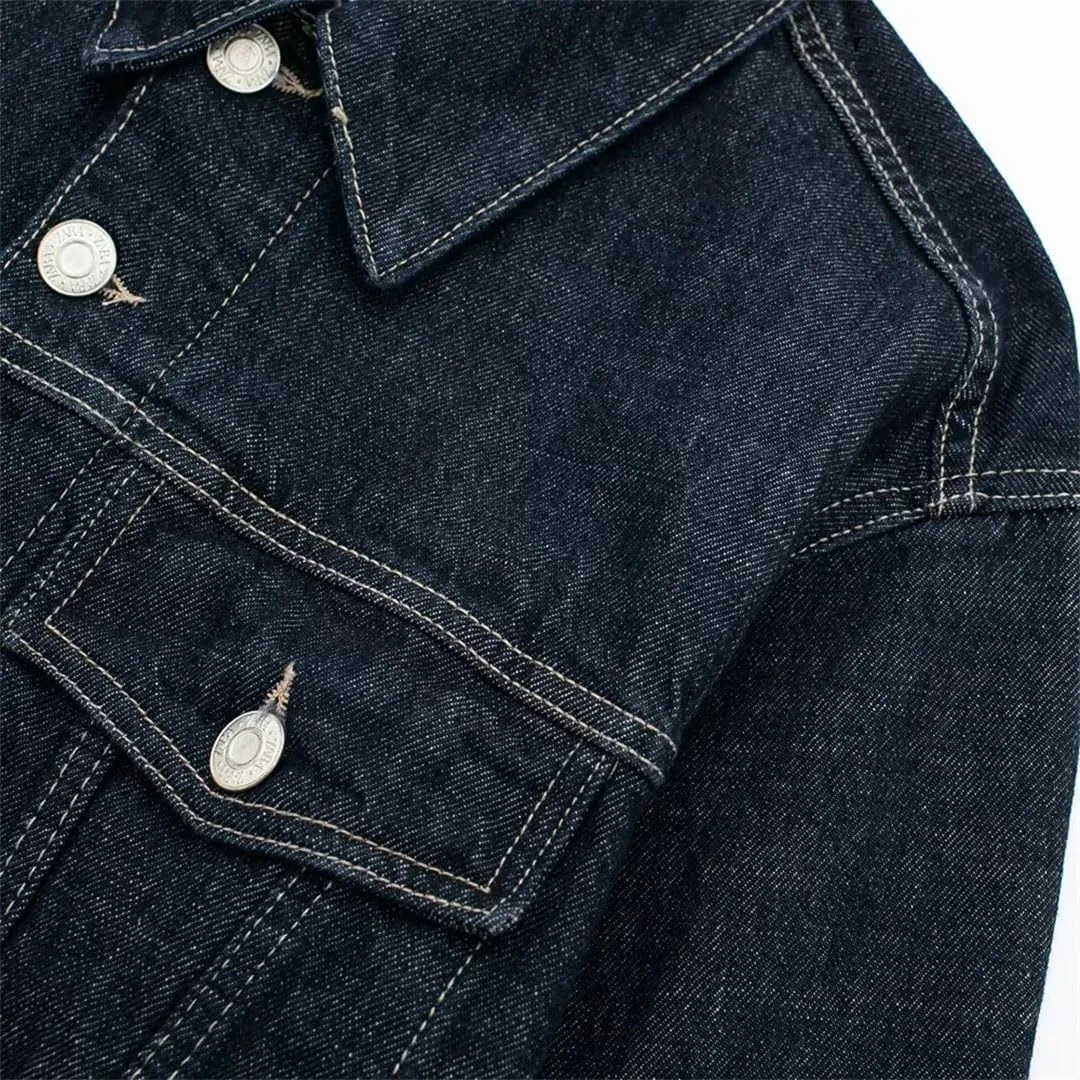 Women's Vintage Solid Denim Long Sleeve Single Breasted Lapel Jacket   High Waisted Wide Leg Jeans Set