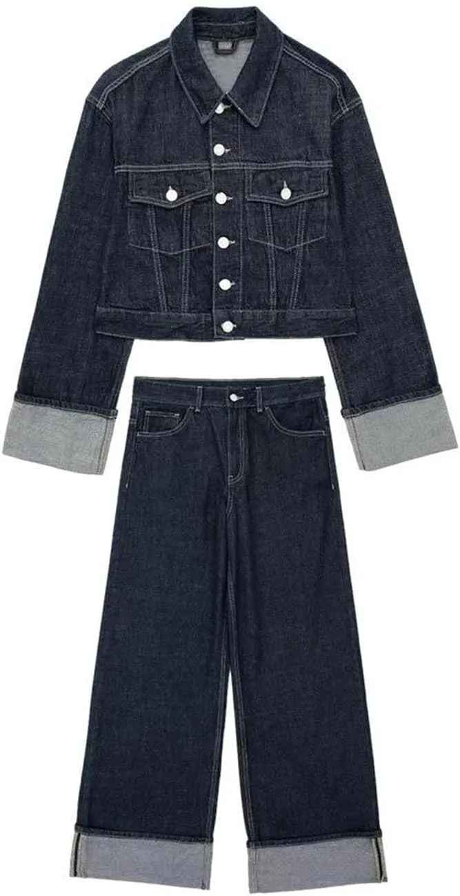 Women's Vintage Solid Denim Long Sleeve Single Breasted Lapel Jacket   High Waisted Wide Leg Jeans Set